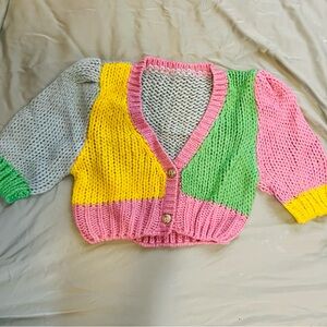 Colorblock V-Neck Cropped Cardigan Sweater - Pink, Yellow, Green, Gray